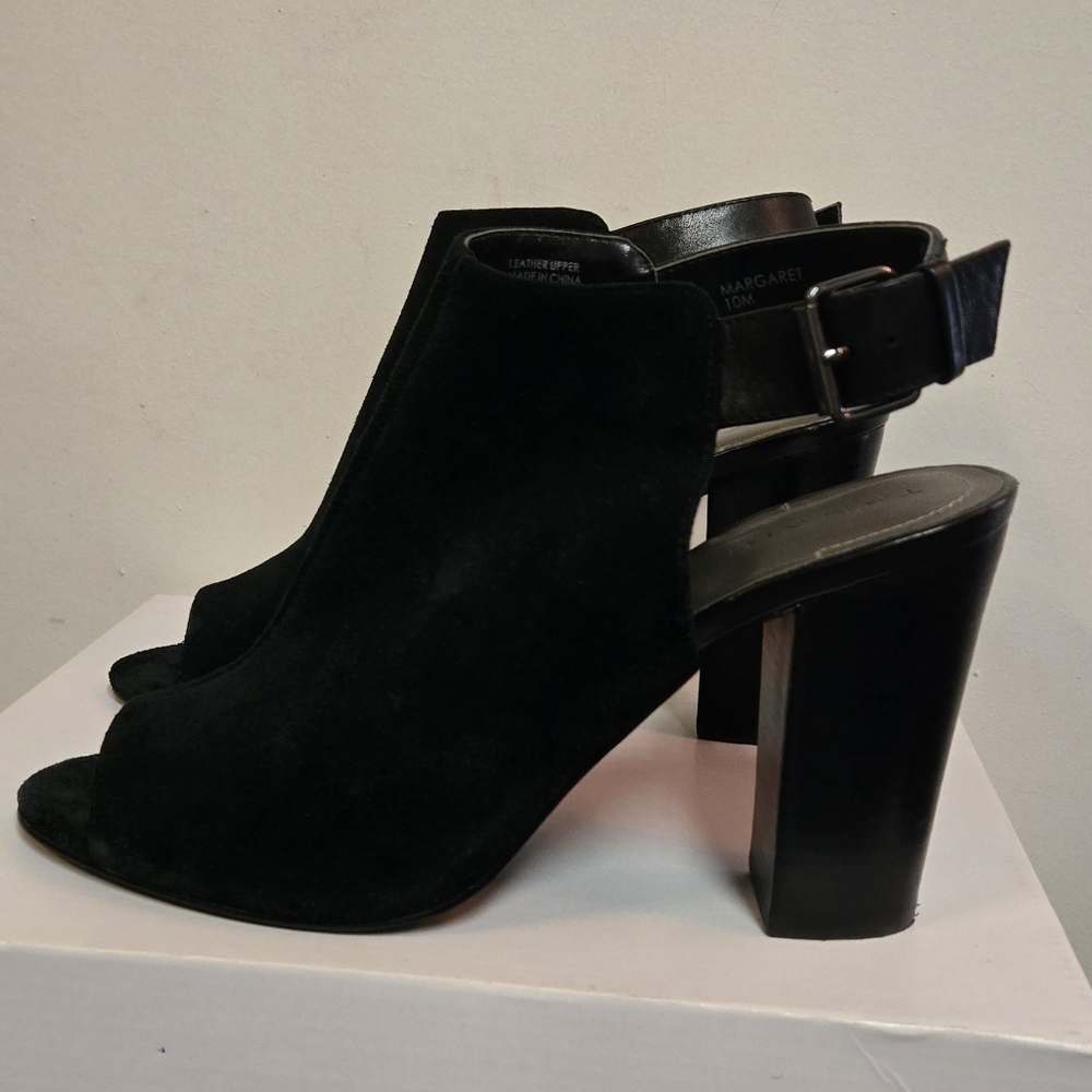 Tahari Margaret Black Suede Peep-Toe Block Heel Sandals